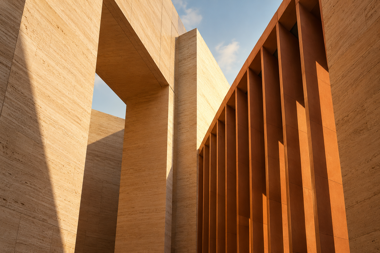 Sculptural stone architecture in warm sunlight